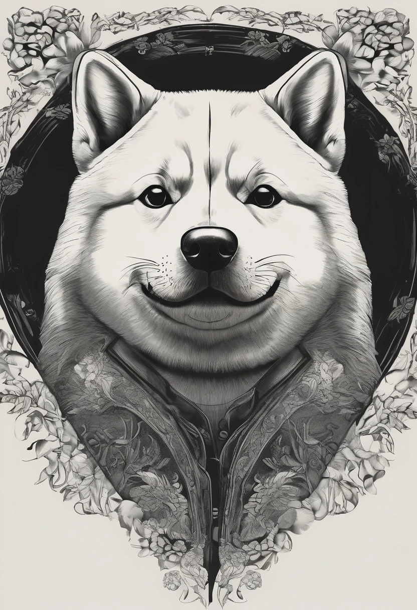 You are a professional illustrator. Create a 3D, very traditional yet bold image of a Shiba Inu puppy without any text. The puppy should look very angry, baring its teeth with a surreal expression. Focus on highly realistic fur detailing in black-and-white monotone. Utilize delicate ink and brushstroke techniques.
Ensure distinctive and faithful depiction of whiskers, especially the cheek whiskers. The design should feature a Japanese dog and embody a Japanese-style aesthetic. Create an artistic icon design motif with a circular theme.