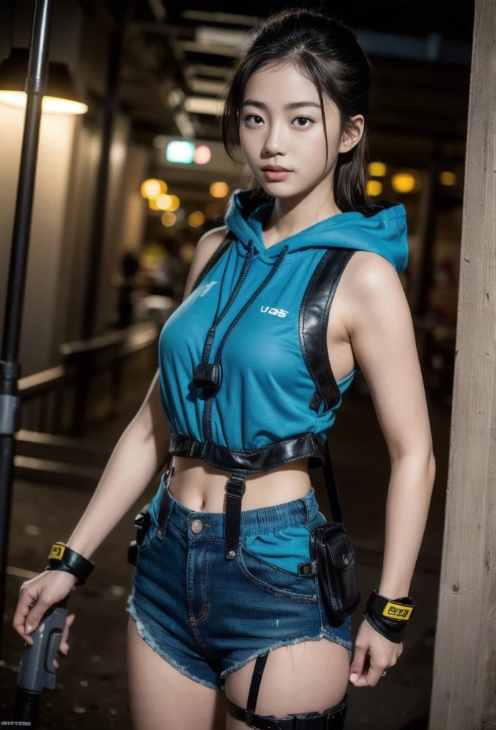 8K, best quality, masterpiece, Practical, Ultra Detailed, photo Practical, hyper Practical, Smoother lighting, Improve lighting quality, Practical lighting, Backlight, Bright Lights, quality improvement, best quality real texture skin,
close up, slim, Cute face, Smile, Beautiful detailed eyes, 19 years old Korean, beautiful, Electric blue drill hair, hood,((Highest image quality, Excellent details, RAW photos、Ultra-high resolution)), (realism: 1.4), Favor the details, Shiny beautiful girl, Beautiful face,full-body shot, ((Cowboy shooting)), (very cool expression、nervous、adrenaline、Super cool woman), (Sexy clothing、Special Forces、Wearing military suspenders, With a machine gun), (A large number of devices、Magazine、Night Vision Goggles、gun holster、)、((Secret base underground、Fighting Stance、Shootout))