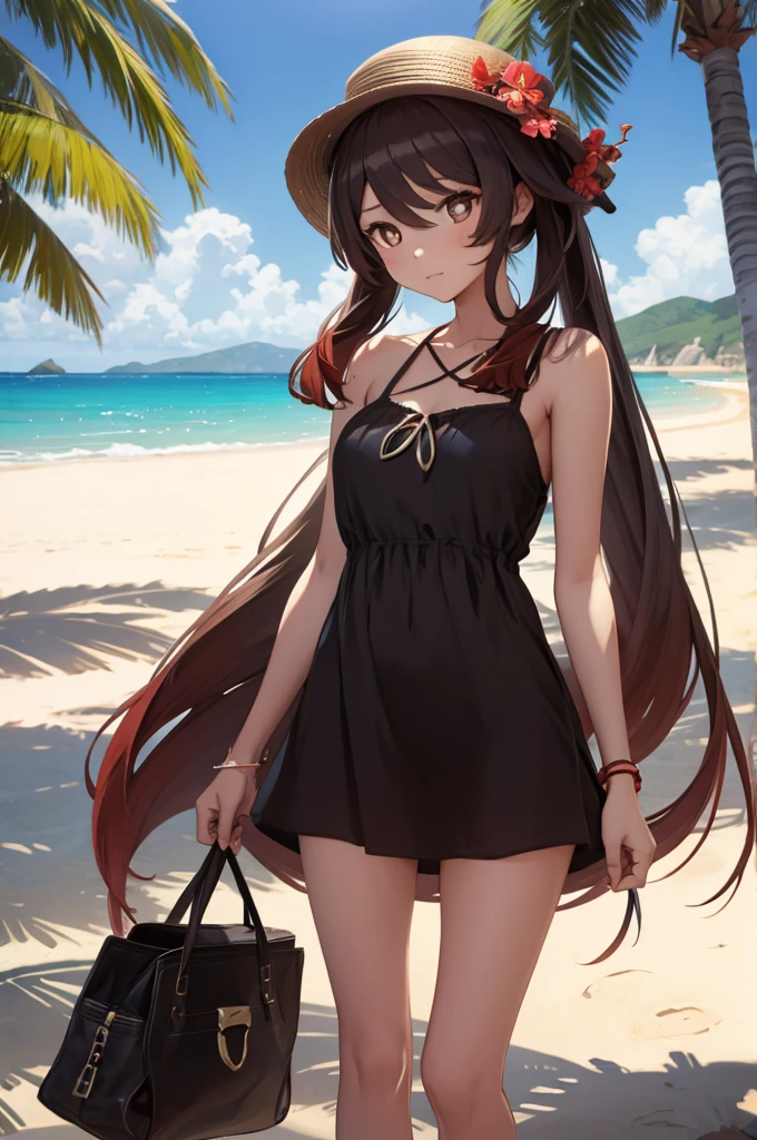 girl in summer clothes on a beach under the shade