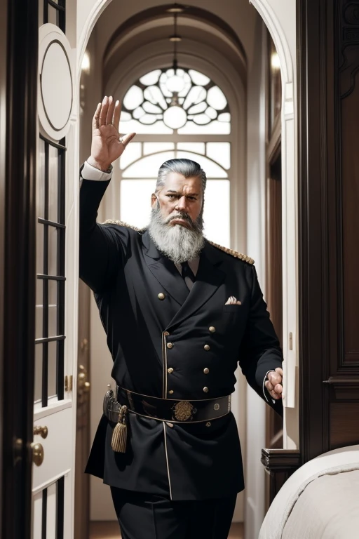 1man, Art Nouveau Style, heavy ink lines, The general enters his room looking at his black bionic right hand . The general orders an immediate exploration of the planet, he has a large, thick white beard he has a general&#39;with hat on head, wears a modern uniform, hand gestures for spectators, he is chubby and chubby, extremely thick thighs, Large belly, plumpness, 65 years old, he holds a mug of hot coffee , Ambience: inside a ship. Full body photography Full body photography different angles of the image.