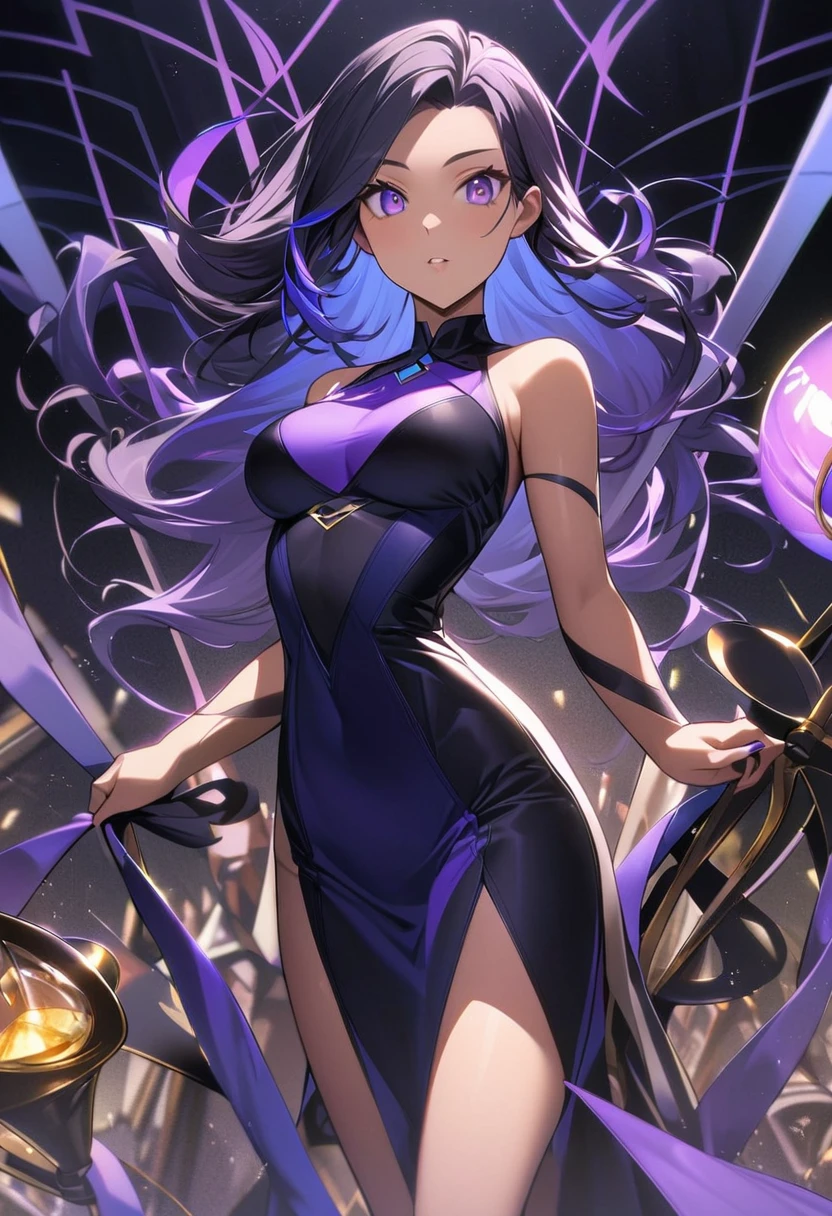 a 20-year-old female character, 1,50m high, long wavy dark blue hair, purple and blue streaks in the clear at the tip, dark violet eyes, Caucasian skin, fully body, hourglass style, medium breasts, quadil largo, Waist slender, a fulfilled NUA