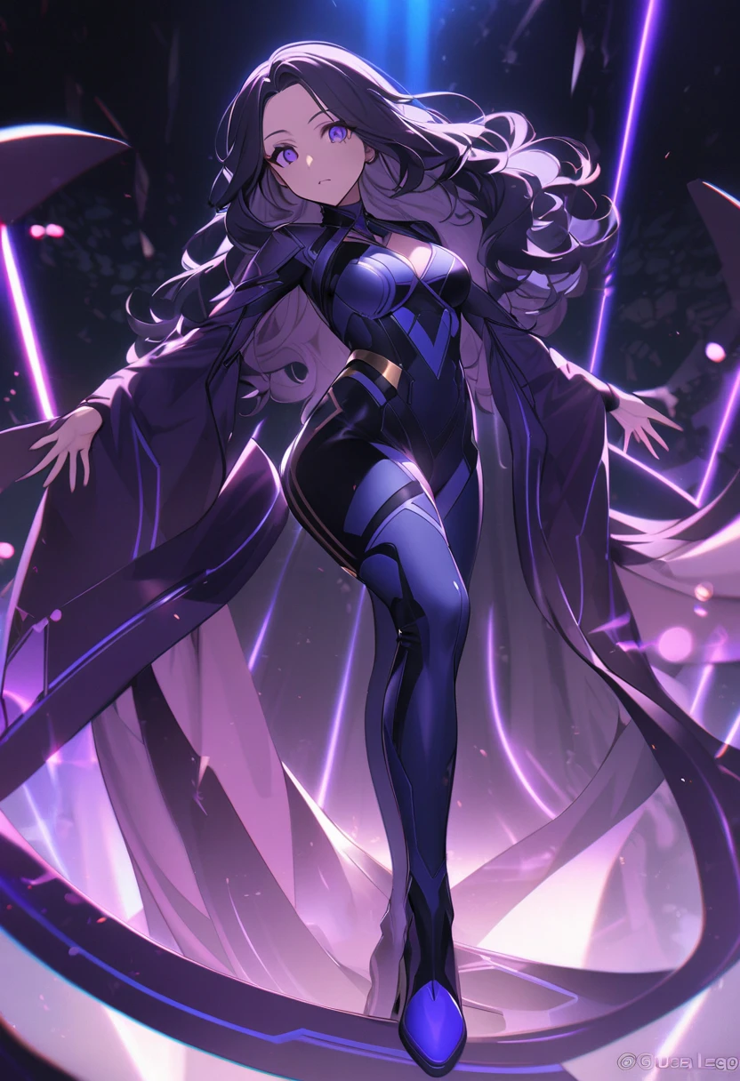 a 20-year-old female character, 1,50m high, long wavy dark blue hair, purple and blue streaks in the clear at the tip, dark violet eyes, Caucasian skin, fully body, hourglass style, medium breasts, quadil largo, Waist slender, a fulfilled NUA