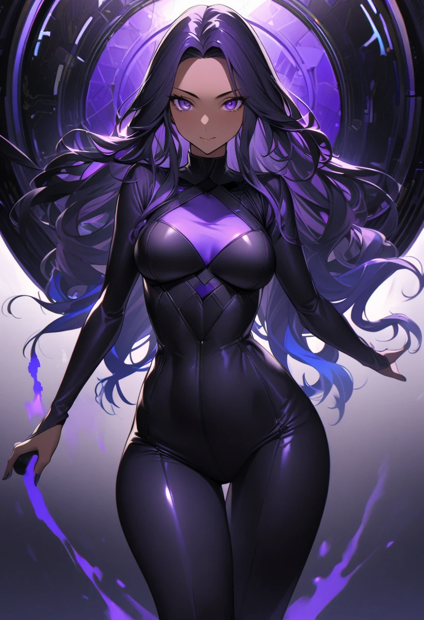 a 20-year-old female character, 1,50m high, long wavy dark blue hair, purple and blue streaks in the clear at the tip, dark violet eyes, Caucasian skin, fully body, hourglass style, medium breasts, quadil largo, Waist slender, a fulfilled NUA