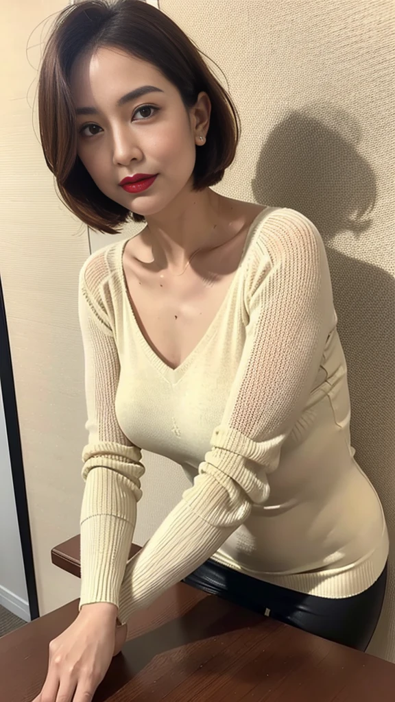 Tabletop, highest quality, Photorealistic, Very detailed, High resolution, 8k wallpaper, RAW Photos, Professional photography, 1 mature woman, (Red lips), ((Looking at the camera)), (Look forward), Upper Body, short hair, Bob Hair, (Straight Hair), Shapely small breasts, V-neck see-through knit sweater, milf_saga, milf_saga_face