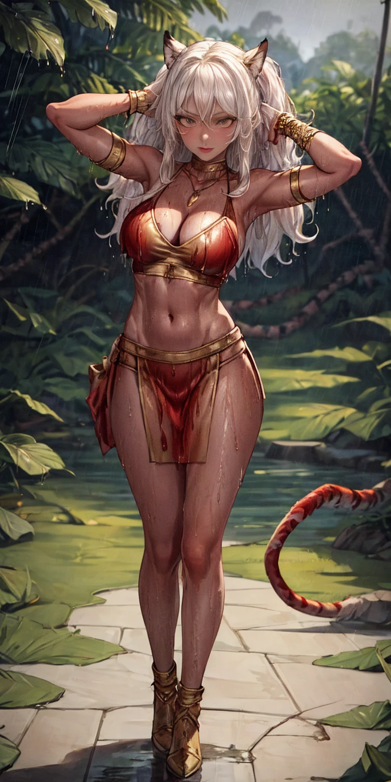 far shot from below, leather collar (Best quality, 4k, Masterpiece :1.3) full body standing symmetrical beautiful woman, hyper realistic, 1girl (drooping breasts, attractive body :1.2) sit-ups :1.1, short red hair: 1.1 (wet rainy, wet by rain, wet body :1.2) ultra-detailed face, detailed lips, detailed eyes, double eyelid, low-necked dress, open neckline, hanging breasts, side pose, visible curves, pool , poolside, red transparent robe, red sunglasses, muscular turned arms behind body, leather collar, golden bracers