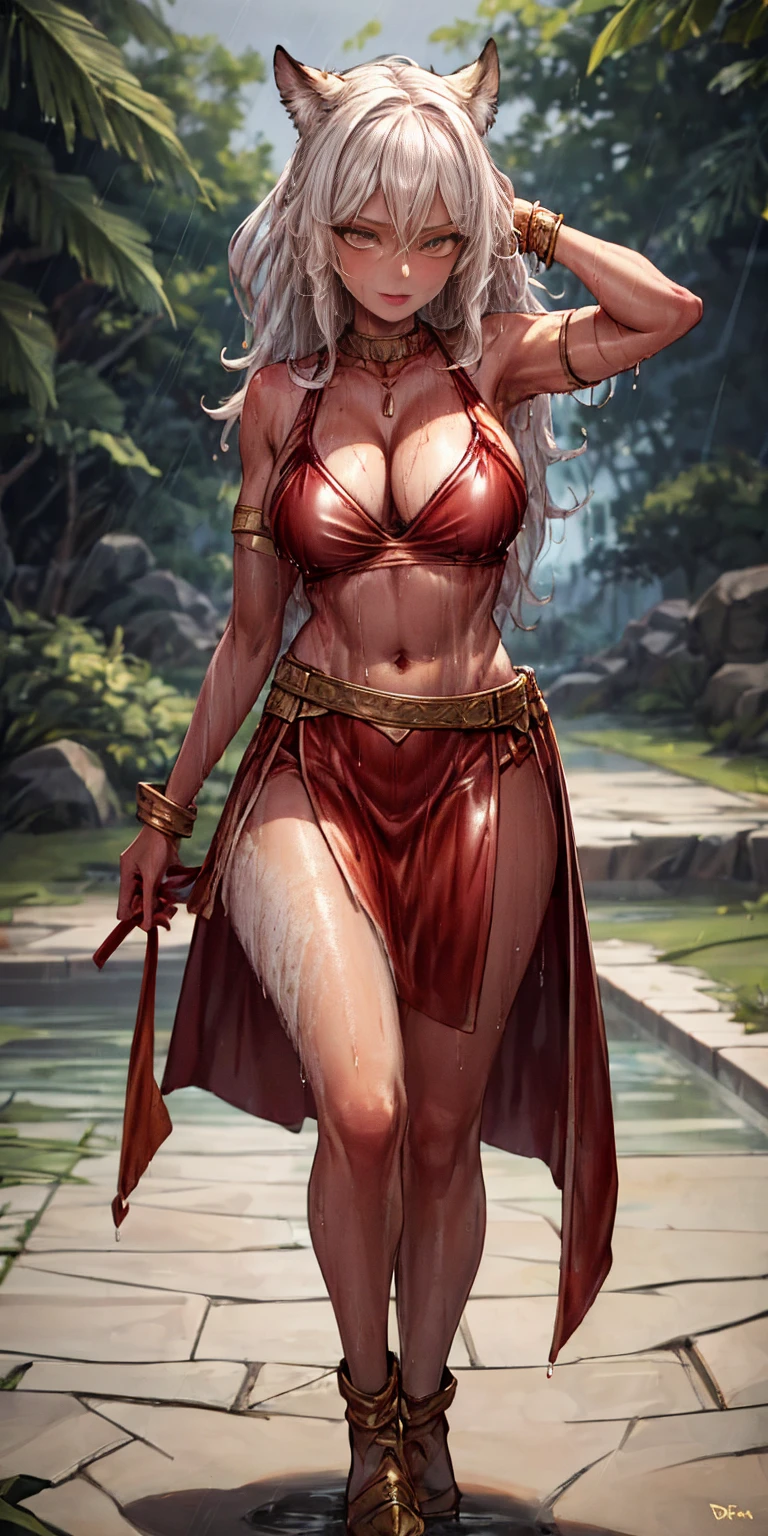 far shot from below, leather collar (Best quality, 4k, Masterpiece :1.3) full body standing symmetrical beautiful woman, hyper realistic, 1girl (drooping breasts, attractive body :1.2) sit-ups :1.1, short red hair: 1.1 (wet rainy, wet by rain, wet body :1.2) ultra-detailed face, detailed lips, detailed eyes, double eyelid, low-necked dress, open neckline, hanging breasts, side pose, visible curves, pool , poolside, red transparent robe, red sunglasses, muscular turned arms behind body, leather collar, golden bracers