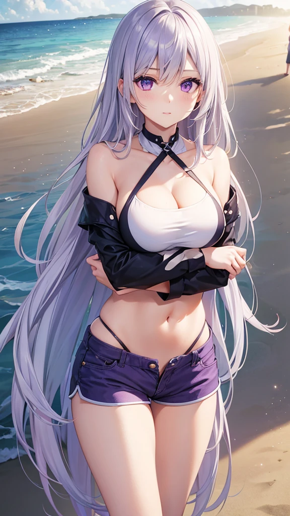 1women, long silver hair, purple eyes, best quality, Pose sexy, short pants, crop top, beach