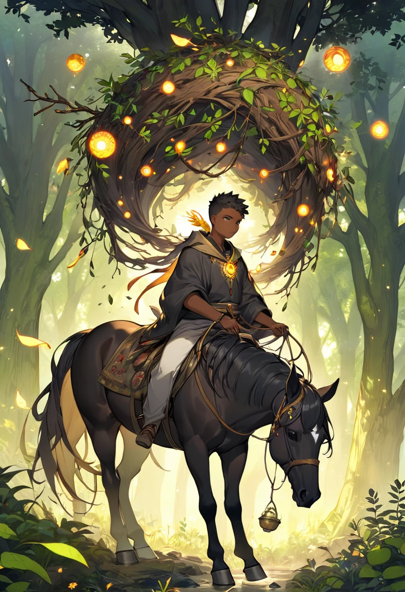 Make a dark-skinned boy a little fat by using your nature powers and summoning a horse made of twigs,Tree leaves, roots and etc.