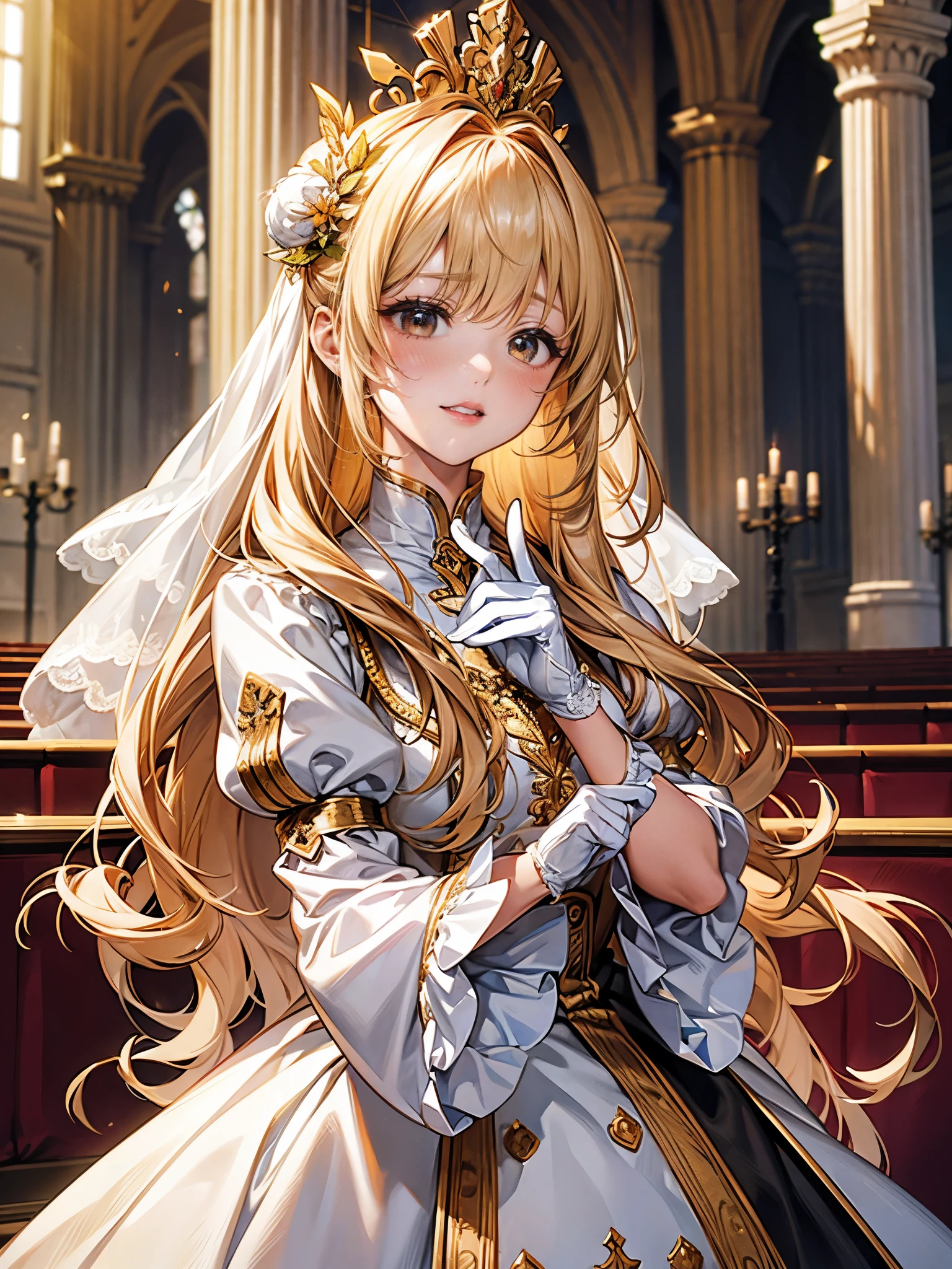 In front of the altar of a majestic church、(blurred background)、brighter light、golden long hair girl、classic white wedding dress、(elegant luster)、(lots of races)、lots of ribbons、((voluminous puff sleeves))、long cuffs with many buttons、golden embroidery、long train、White embroidered gloves、five fingers、laughter、redness of cheeks
