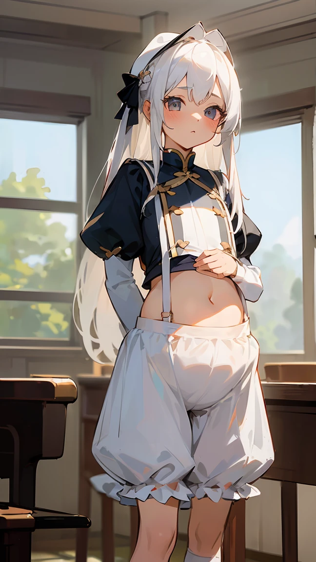 masterpiece, Highest quality, High resolution, Very detailed,(((White Hair Girl))), (((Bloomer outfit))), (((My belly is visible。))), classroom