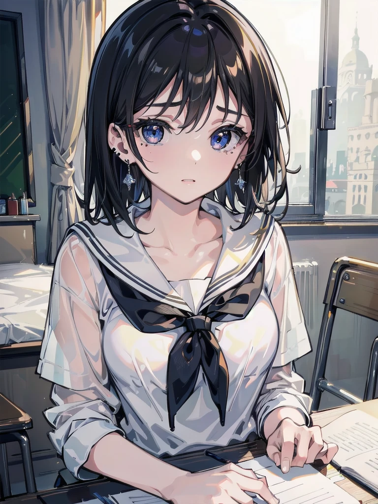 absurdres, RAW photo, extremely delicate and beautiful, masterpiece, Best Quality, ultra high resolution, 32k, hyperrealistic, ultra-detailed, in her 20s, delicate facial features, tearful mole, earring, medium breasts, full body shot, shorter middle hair, black hair, ((school uniform)), bedroom,