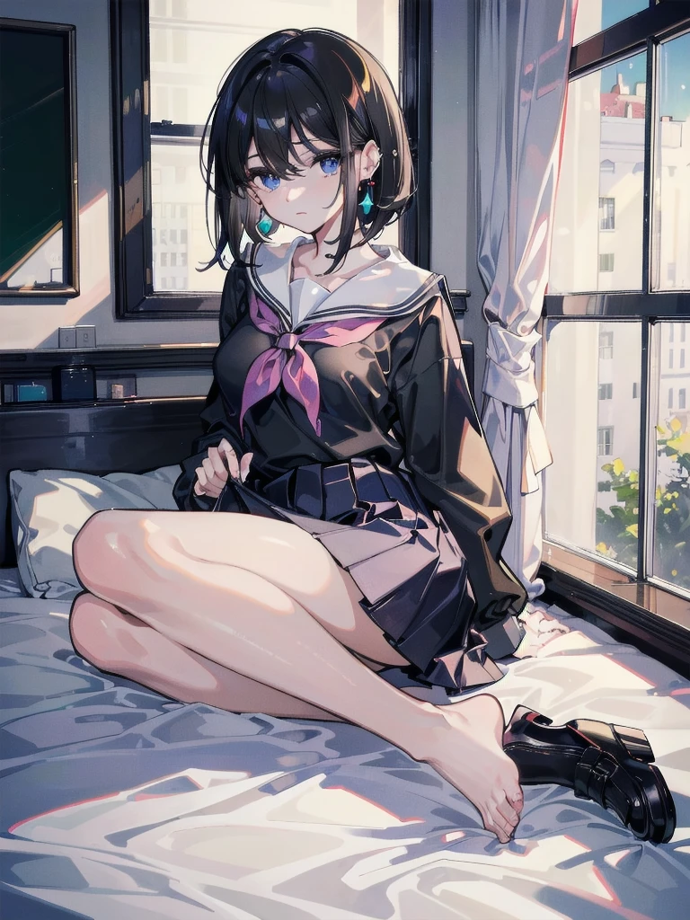 absurdres, RAW photo, extremely delicate and beautiful, masterpiece, Best Quality, ultra high resolution, 32k, hyperrealistic, ultra-detailed, in her 20s, delicate facial features, tearful mole, earring,  medium breasts, full body shot, shorter middle hair, black hair, ((school uniform)), bedroom,