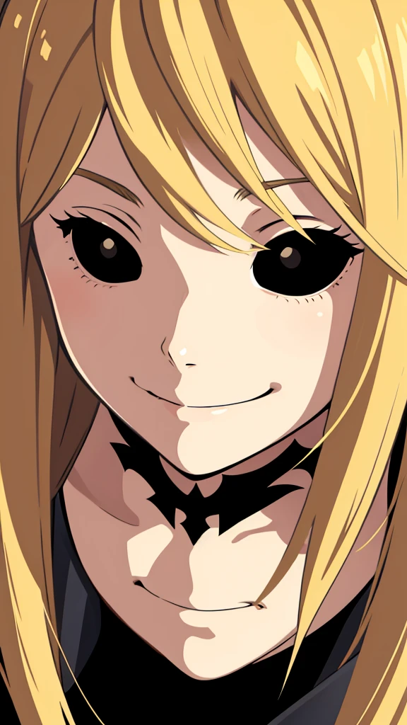 1girl,portrait,close up,blonde,black sclera,black eyes,grin,smile,closed mouth
