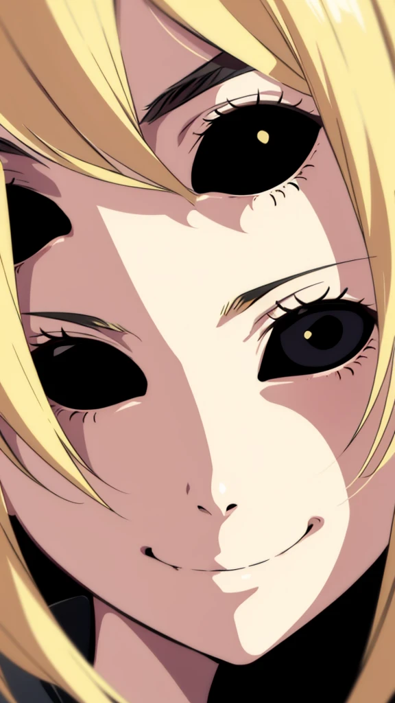 1girl,portrait,close up,blonde,black sclera,black eyes,grin,smile,closed mouth