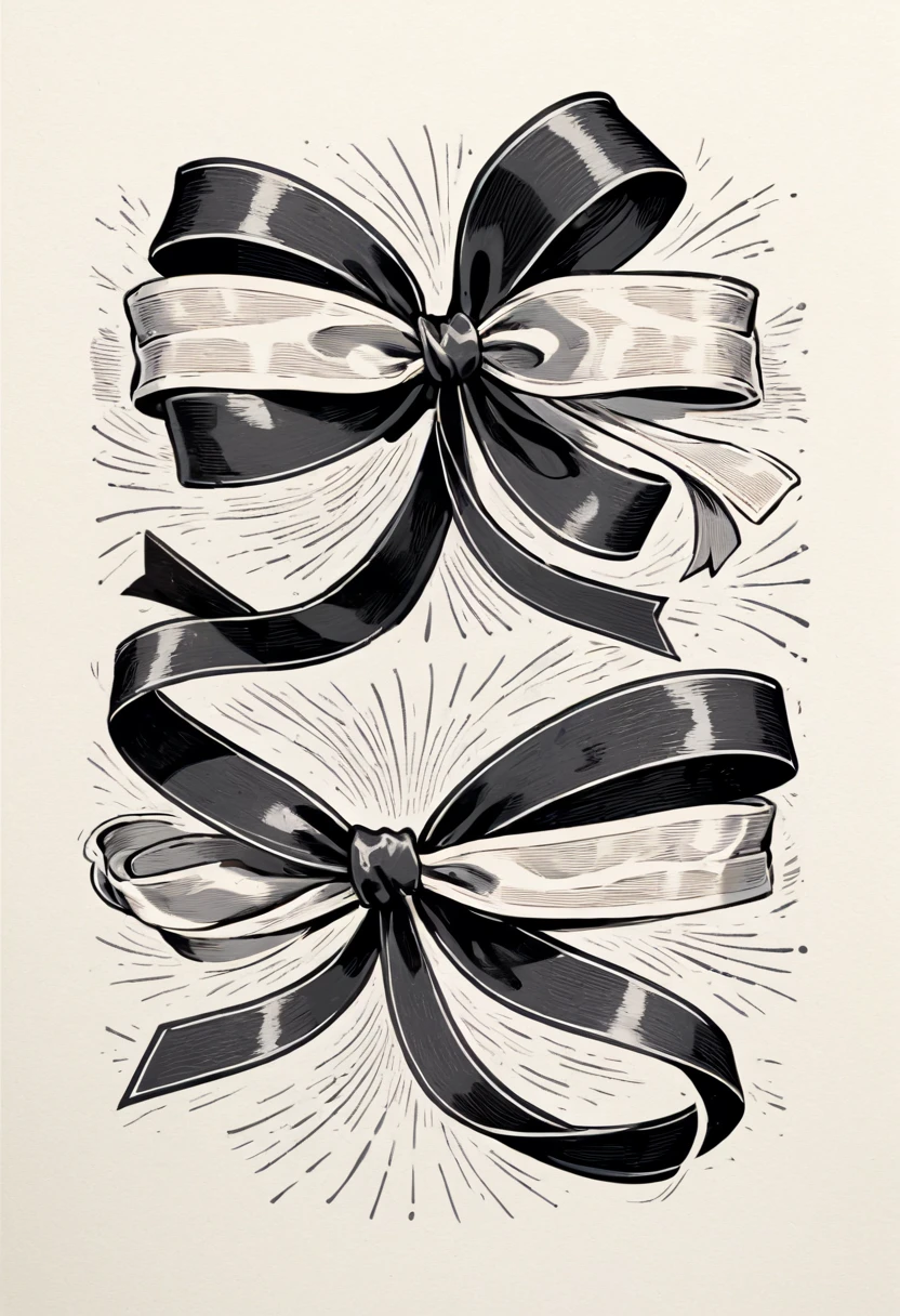 masterpiece、super beautiful、8K、Asymmetric、Two long, wavy ribbons、flat、An illustration of a ribbon tied in a bowknot, drawn with worn lines in the style of medieval black and white letterpress printing.