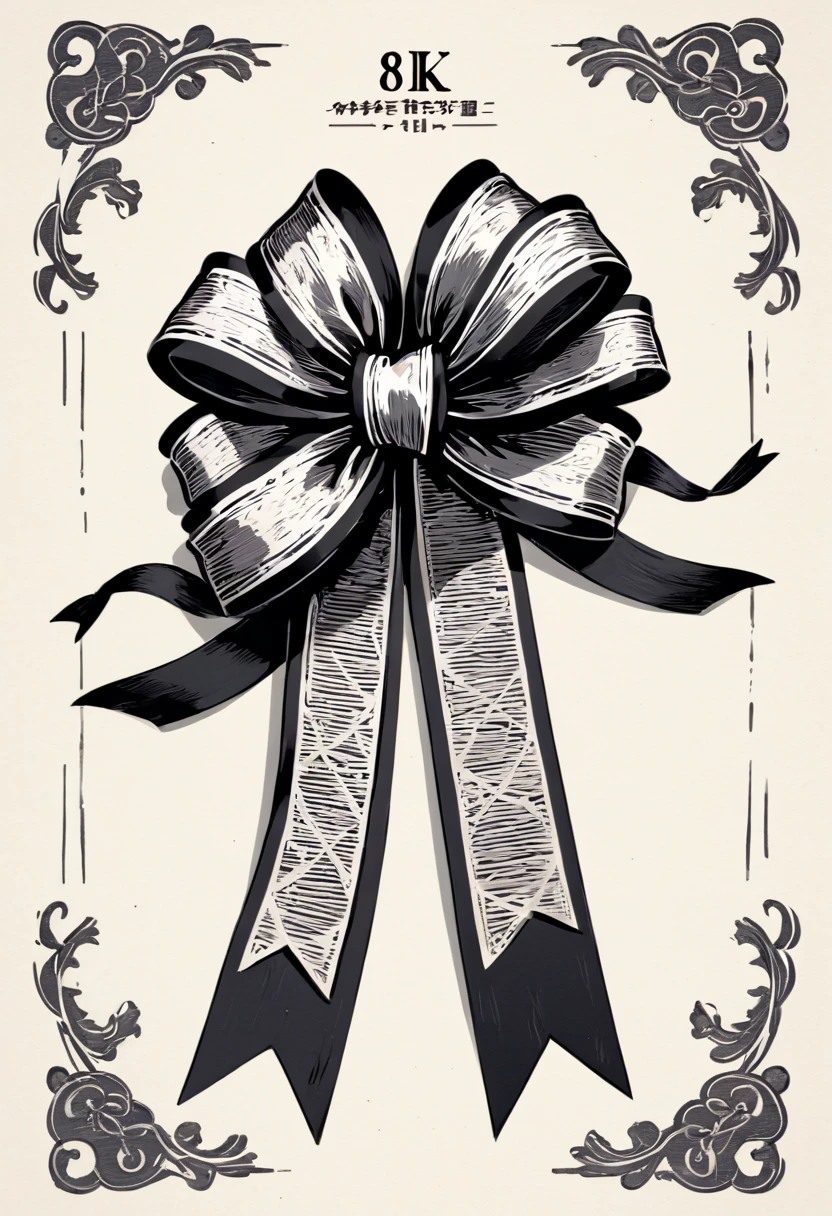 masterpiece、super beautiful、8K、Asymmetric、Two long, wavy ribbons、flat、An illustration of a ribbon tied in a bowknot, drawn with worn lines in the style of medieval black and white letterpress printing.