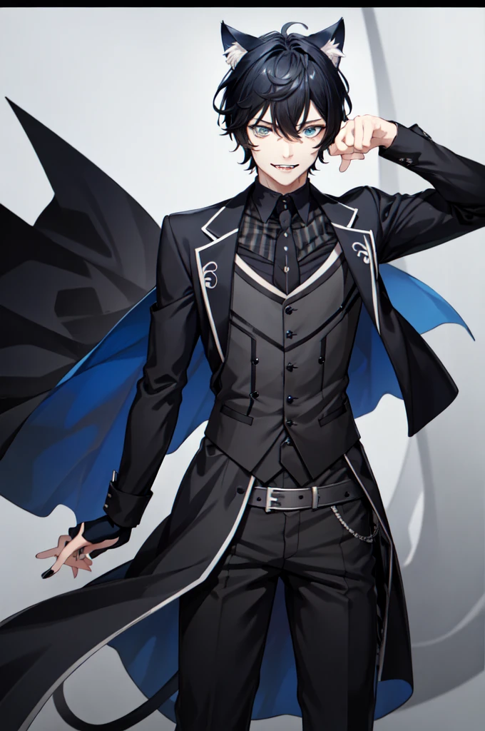 AxiaKrone, blue eyes, black hair, short hair, cat ears, cat tail, fangs, black nail, pale skin, cat boy, 1boy, solo, smile, standing, dynamic pose, 8k, masterpiece, best quality, absurdres, perfect anatomy, cinematic lighting, cowboy shot, (butler uniform:1.1),