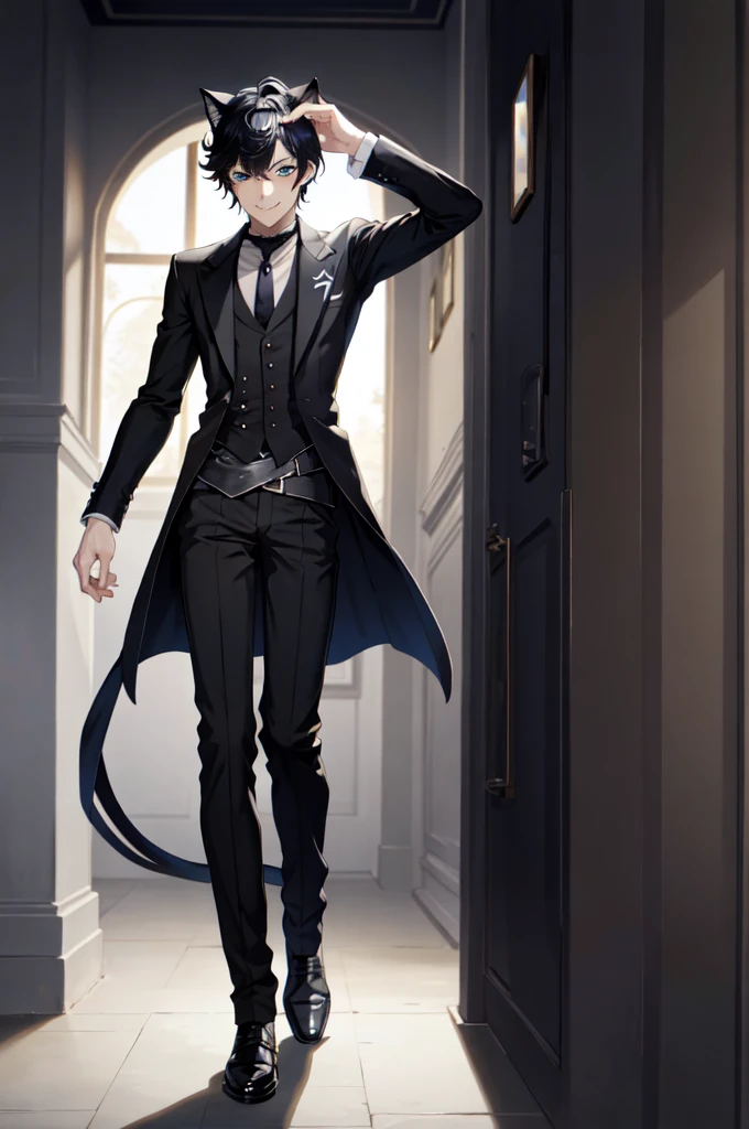 AxiaKrone, blue eyes, black hair, short hair, cat ears, cat tail, fangs, black nail, pale skin, cat boy, 1boy, solo, smile, standing, dynamic pose, 8k, masterpiece, best quality, absurdres, perfect anatomy, cinematic lighting, cowboy shot, (butler uniform:1.1),