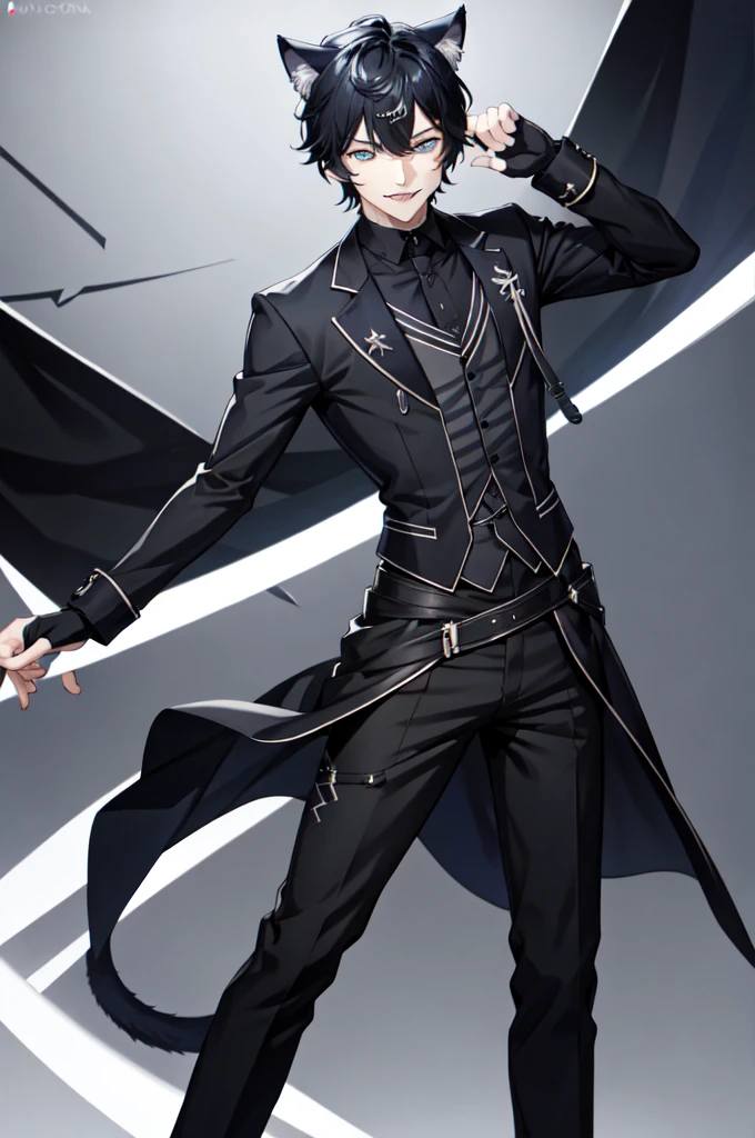 AxiaKrone, blue eyes, black hair, short hair, cat ears, cat tail, fangs, black nail, pale skin, cat boy, 1boy, solo, smile, standing, dynamic pose, 8k, masterpiece, best quality, absurdres, perfect anatomy, cinematic lighting, cowboy shot, (butler uniform:1.1),