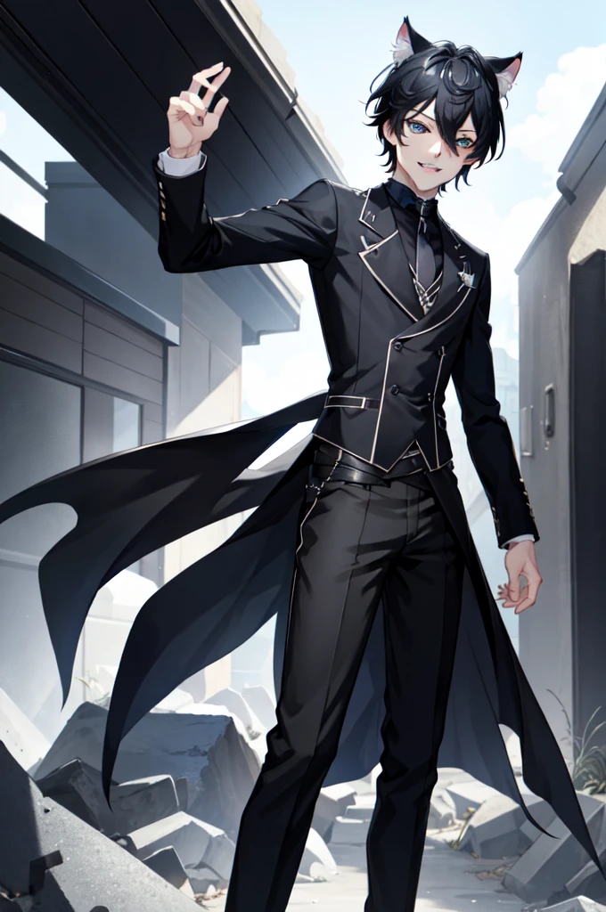 AxiaKrone, blue eyes, black hair, short hair, cat ears, cat tail, fangs, black nail, pale skin, cat boy, 1boy, solo, smile, standing, dynamic pose, 8k, masterpiece, best quality, absurdres, perfect anatomy, cinematic lighting, cowboy shot, (butler uniform:1.1),