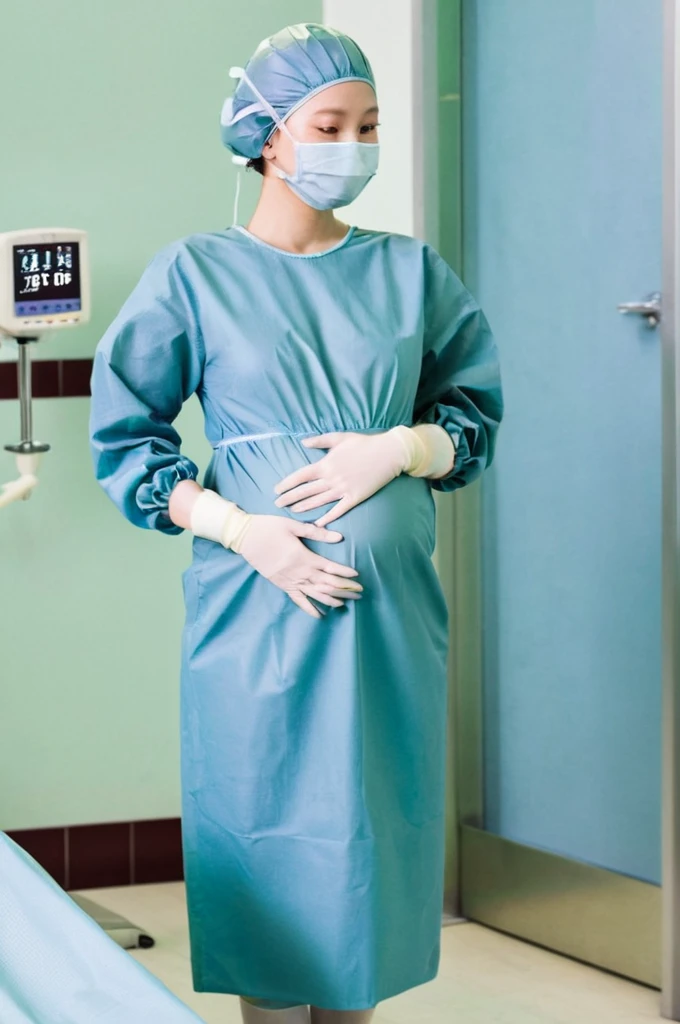 score_9, score_8_up, score_7_up, masterpiece, highest quality, kasuganoray, pale skin, long hair, shy eyes, cover the ears, big breasts, surgical mask, surgical cap, long sleeve maternity dress, seamless,
1 girl, pregnant, solo, rubber gloves, frown, standing, in one hospital, hospital bed,