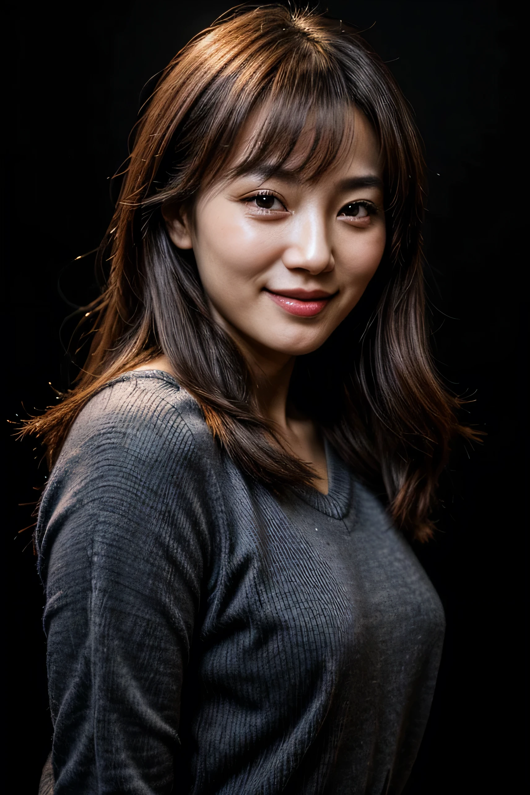 face perfect, beautiful face of a 30 year old Korean woman, Smiling beautiful, with black background