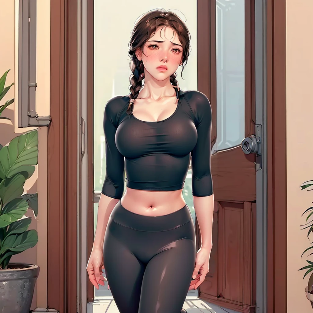 (（（Perfect body,White and tender skin,（（（Black yujiasuit, yoga pants, yoga long sleeves）））,（（（brown eyes, braid, long hair, braided ponytail, single braid, hair over shoulder, bangs, blush, lips）））,((masterpiece)),highres,((Best quality at best)),masterpiece,quality,Best quality,(（（ Exquisite facial features,Looking at the audience,There is light in the eyes,(（（frown，blush）））Kneeling on the ground，From the back，Plump buttocks，）））,（（（Light and shadow,Huge breasts,）））,（（（Looking at the camera,White background)））)