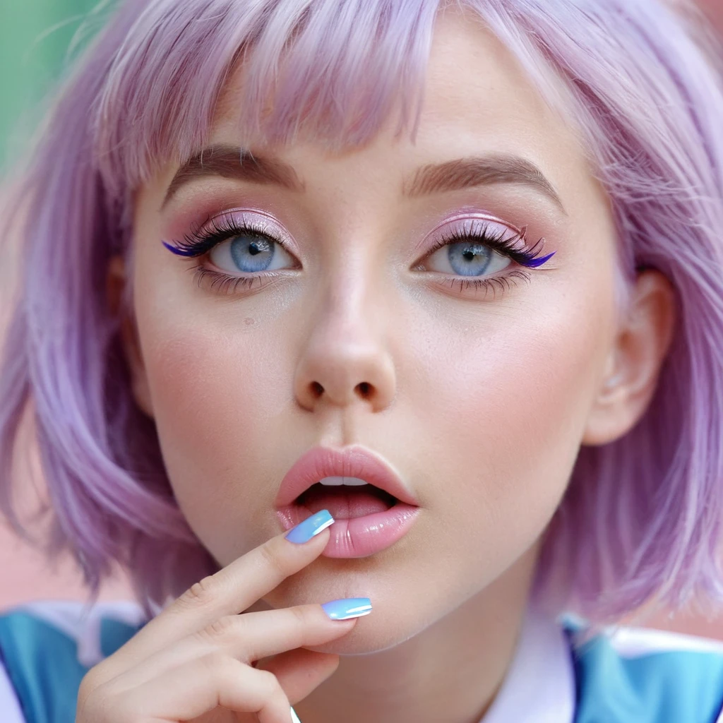 Girl, light purple hair, blue eyes, beautiful, cheerleader uniform, pastel colors, face close-up, flat, lip gloss, brat, ethereal, short hair, puckering up, kissy face, blowing a kiss, lips closed