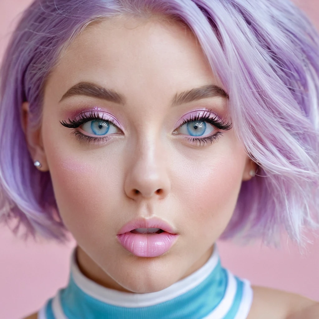 Girl, light purple hair, blue eyes, beautiful, cheerleader uniform, pastel colors, face close-up, flat, lip gloss, brat, ethereal, short hair, puckering up, kissy face, blowing a kiss, lips closed