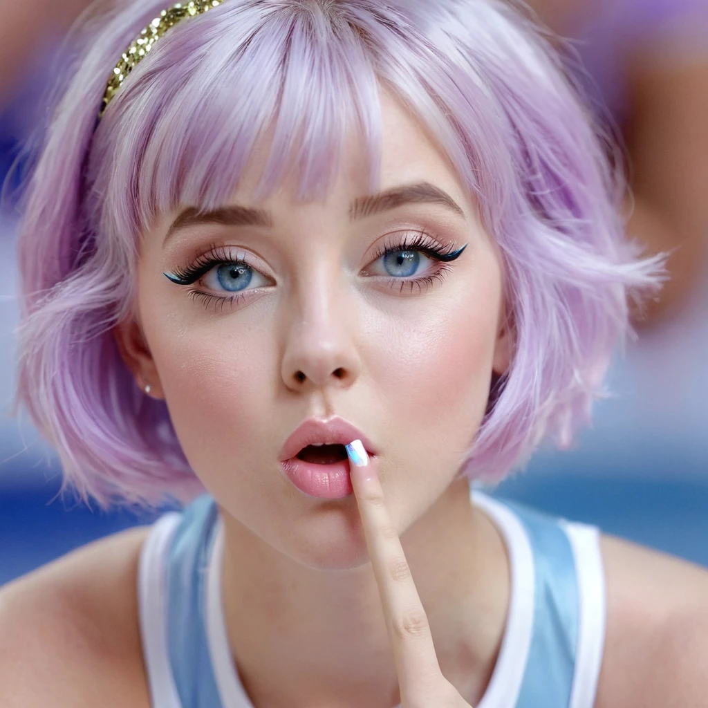 Girl, light purple hair, blue eyes, beautiful, cheerleader uniform, pastel colors, face close-up, flat, lip gloss, brat, ethereal, short hair, puckering up, kissy face, blowing a kiss, lips closed