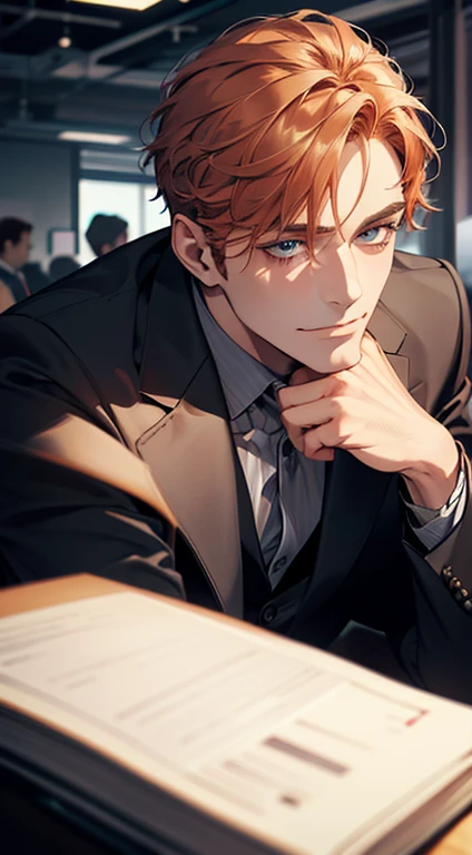 (best quality,4k,8k,highres,masterpiece:1.2),ultra-detailed,(realistic,photorealistic,photo-realistic:1.37),1 man,31 years old,mature man,very handsome,without expression,smile,short grey b
Orange hair,blue eyes,penetrating gaze,perfect face without errors,imposing posture,businessman,office background,cinematic lighting,hdr image