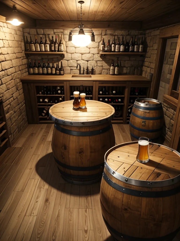 A close POV photo of a small beer cellar with a beer barrel on the right and table on the left with bear glasses on it