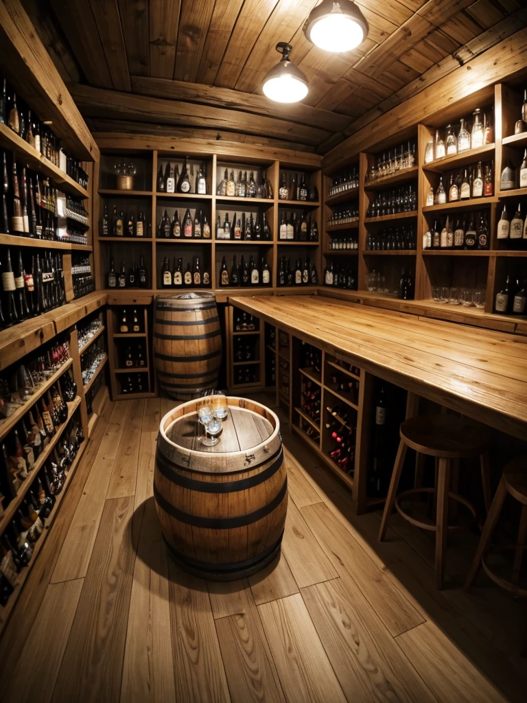 A close POV photo of a small beer cellar with a beer barrel on the right and table on the left with bear glasses on it