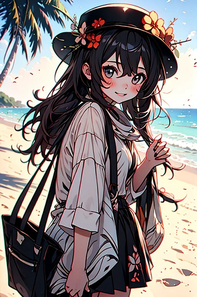 girl in summer clothes on a beach under the shade