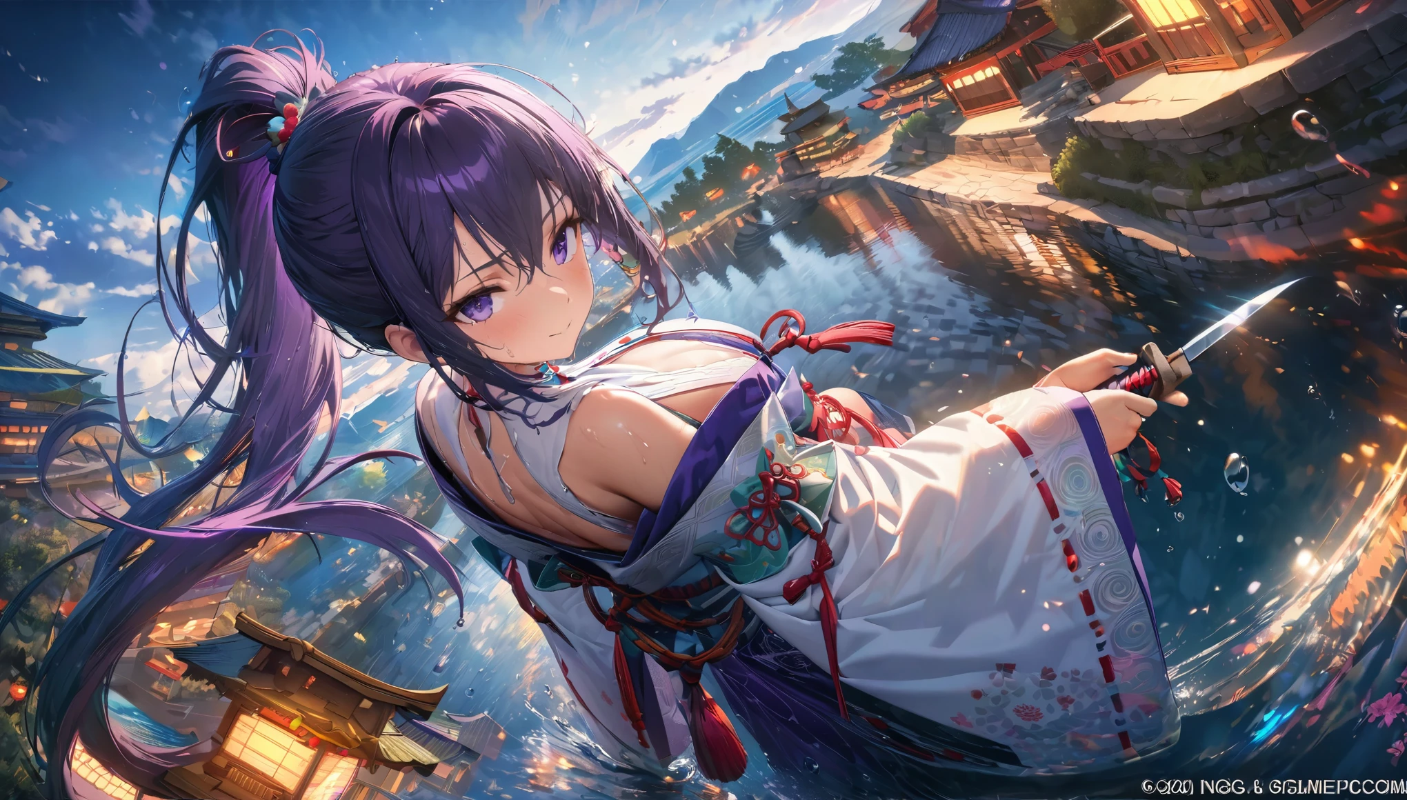 (Highest quality, masterpiece, colorful, Dynamic Angle, highest detailed)Full body photo, ull body photos magnificent real, (close), One girl, floating midnight purple hair, long 髪,,Ponytail Hair, (water:0.7), waterdrop, Wet, Holding_knife, green_Shrine maiden clothing with intricate patterns, ultra detailed, (texture_clothing), Japanese-style scenery, (Intricate details, hyperdetailed:1.15), detailed, light passing through 髪, (Official Art, extreme detailed, highest detailed),