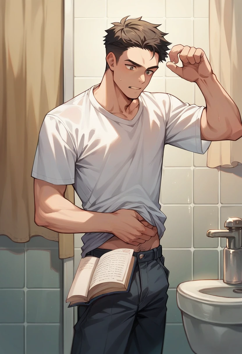 A man in a shirt finds a book in the bathroom