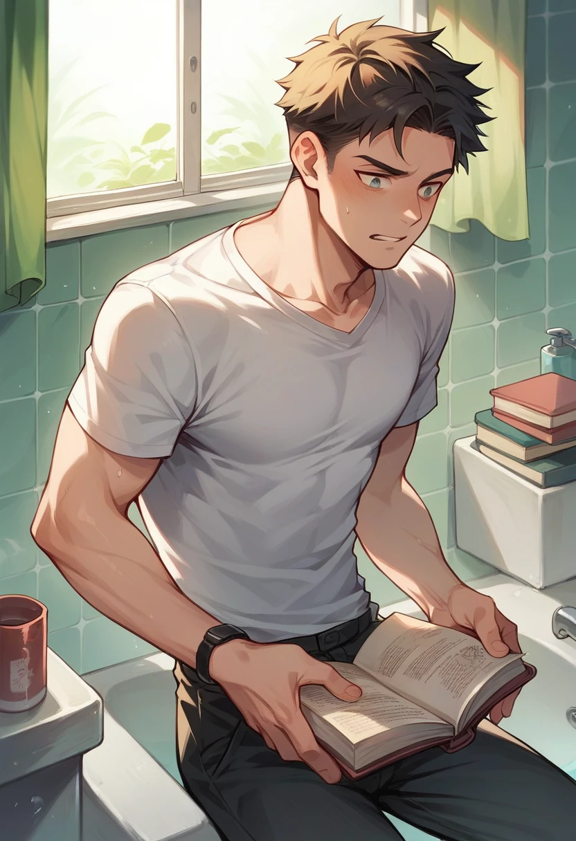 A man in a shirt finds a book in the bathroom