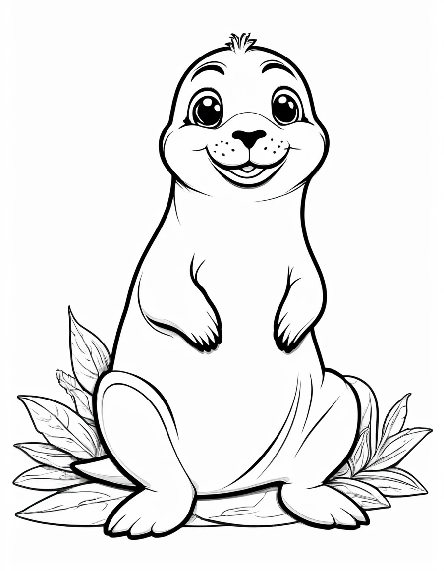 Sesame seal, black and white outline art, all white coloring pages, sketch style, white background, cartoon style,