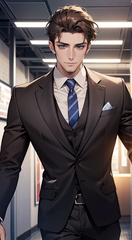 (best quality,4k,8k,highres,masterpiece:1.2),ultra-detailed,(realistic,photorealistic,photo-realistic:1.37),1 man,31 years old,mature man,very handsome,without expression,smile,short grey brown hair,blue eyes,penetrating gaze,perfect face without errors,imposing posture,businessman,office background,cinematic lighting,hdr image