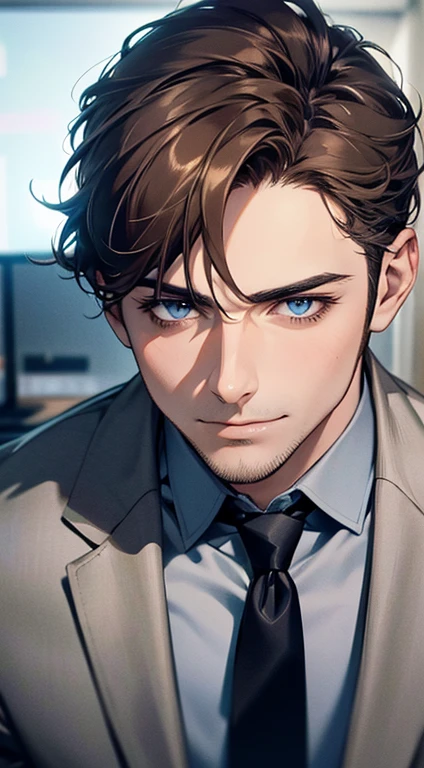 (best quality,4k,8k,highres,masterpiece:1.2),ultra-detailed,(realistic,photorealistic,photo-realistic:1.37),1 man,31 years old,mature man,very handsome,without expression,smile,short grey brown hair,blue eyes,penetrating gaze,perfect face without errors,imposing posture,businessman,office background,cinematic lighting,hdr image