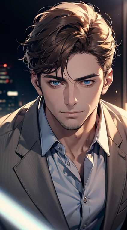 (best quality,4k,8k,highres,masterpiece:1.2),ultra-detailed,(realistic,photorealistic,photo-realistic:1.37),1 man,31 years old,mature man,very handsome,without expression,smile,short grey brown hair,blue eyes,penetrating gaze,perfect face without errors,imposing posture,businessman,office background,cinematic lighting,hdr image