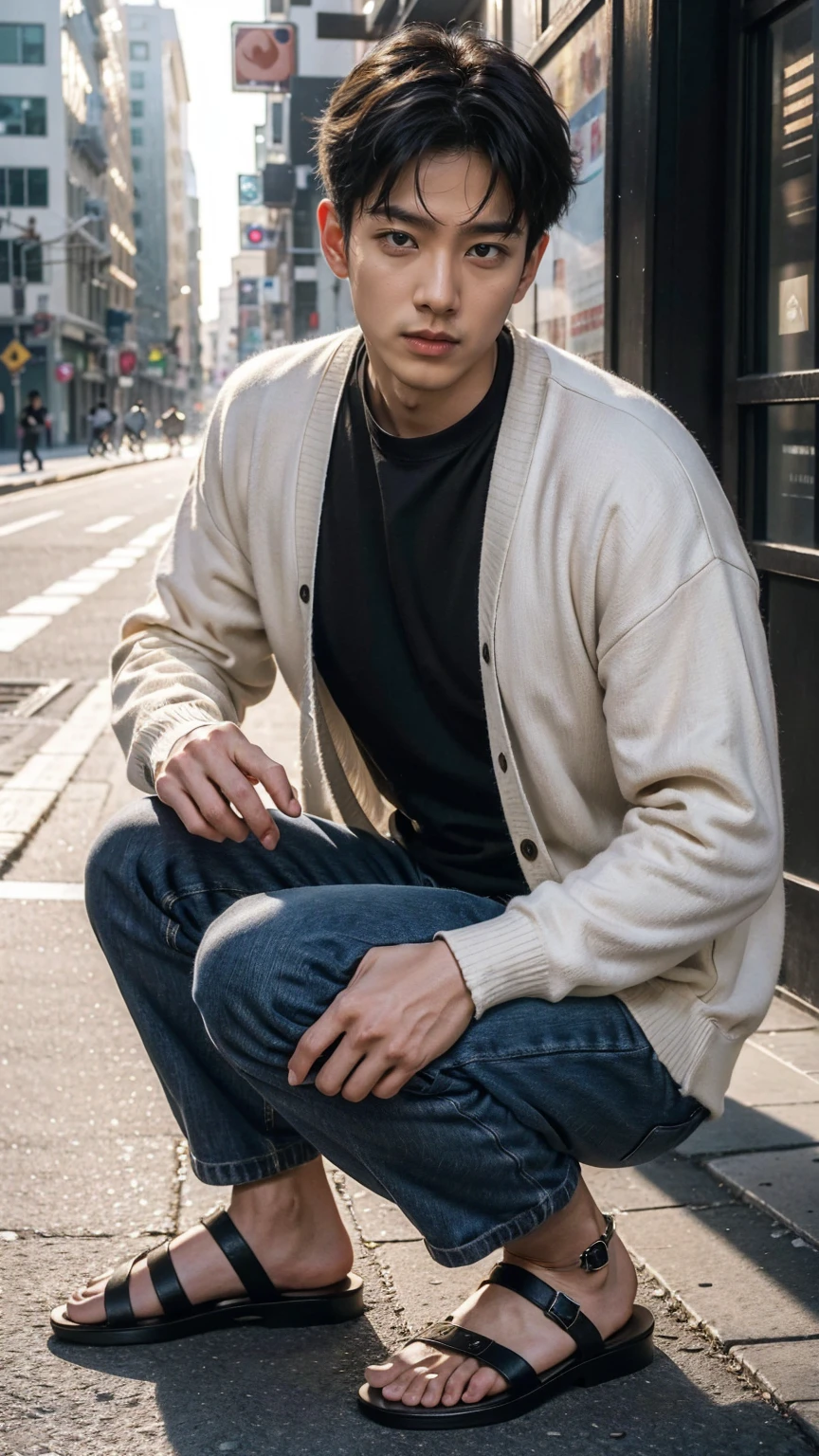 In this fascinating photo、A photo of a handsome Korean man, aged 35.、He is wearing a white shirt, a black cardigan, grey sweatshirts and black sandals.、 He was crouching on the edge of an outdoor street environment.., Colorful dust, Holi Festival, Bathed in the golden light of a beautiful day. With unparalleled attention to detail., This realistic portrait blends National Geographic style。., 8K resolution captures skin texture in fine detail. Leica digital SLR camera. His features were clearly visible., From deep-set eyes to a chiseled jawline., Make this image a true masterpiece..lift. (8K Ultra HD、Raw photo、Photorealistic Portraits Leica Digital SLR、Realistic images)