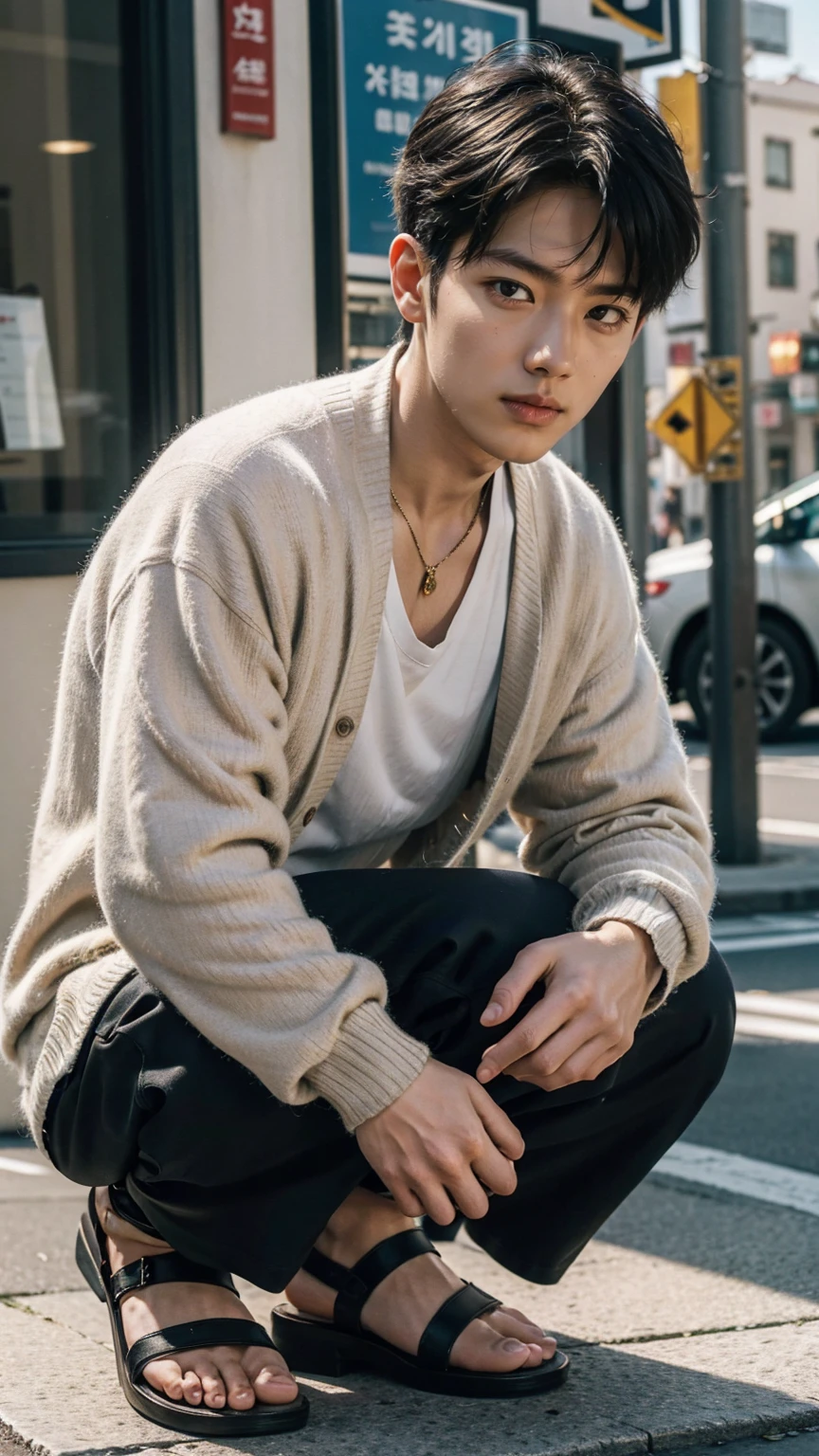 In this fascinating photo、A photo of a handsome Korean man, aged 35.、He is wearing a white shirt, a black cardigan, grey sweatshirts and black sandals.、 He was crouching on the edge of an outdoor street environment.., Colorful dust, Holi Festival, Bathed in the golden light of a beautiful day. With unparalleled attention to detail., This realistic portrait blends National Geographic style。., 8K resolution captures skin texture in fine detail. Leica digital SLR camera. His features were clearly visible., From deep-set eyes to a chiseled jawline., Make this image a true masterpiece..lift. (8K Ultra HD、Raw photo、Photorealistic Portraits Leica Digital SLR、Realistic images)