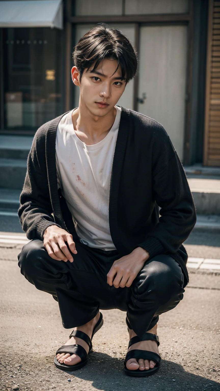 In this fascinating photo、A photo of a handsome Korean man, aged 35.、He is wearing a white shirt, a black cardigan, grey sweatshirts and black sandals.、 He was crouching on the edge of an outdoor street environment.., Colorful dust, Holi Festival, Bathed in the golden light of a beautiful day. With unparalleled attention to detail., This realistic portrait blends National Geographic style。., 8K resolution captures skin texture in fine detail. Leica digital SLR camera. His features were clearly visible., From deep-set eyes to a chiseled jawline., Make this image a true masterpiece..lift. (8K Ultra HD、Raw photo、Photorealistic Portraits Leica Digital SLR、Realistic images)