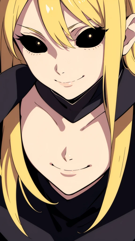1girl,portrait,close up,blonde,black sclera,black eyes,smile,closed mouth