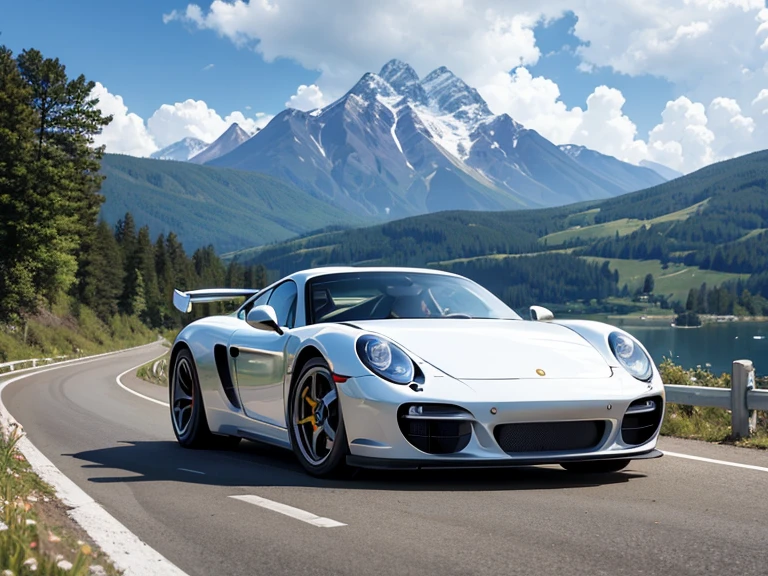 porche carrera gt, mountain road, lake, clouds, trees