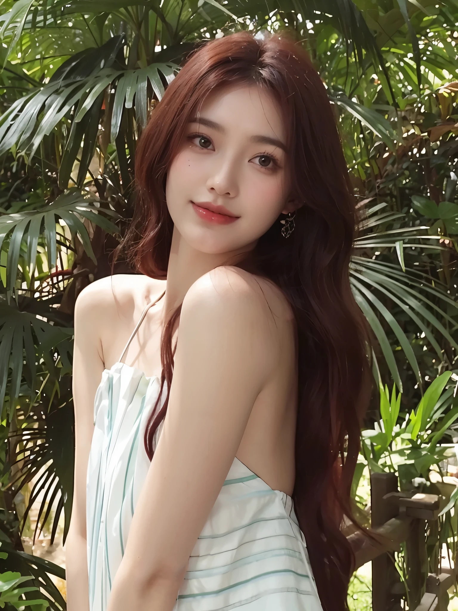 Red long curly hair,Middle-parted bangs,Green plants in background