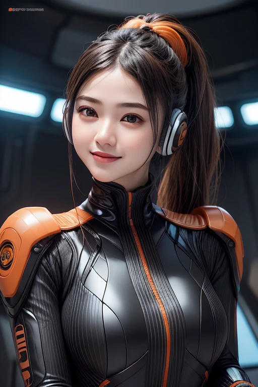 Top Quality, Masterpiece, Ultra High Resolution, (Photorealistic: 1.4), Raw Photo, 1 Girl, Black Hair, Glossy Skin, 1 Mechanical Girl, (((Ultra Realistic Details)), Portrait, Global Illumination, Shadows, Octane Rendering, 8K, Ultra Sharp, Intricate Ornaments Details, realistic skin, sweat effect, wearing Futuristic Headphone, nixie suga, very intricate detail, realistic light, CGSoation trend, brown eyes, glowing eyes, matte black and glossy orange bodysuit, orange stripes on suit, Long hair, Ponytail hair, Half body shot, spaceship bridge background, dynamic pose, flirting smile, smiling