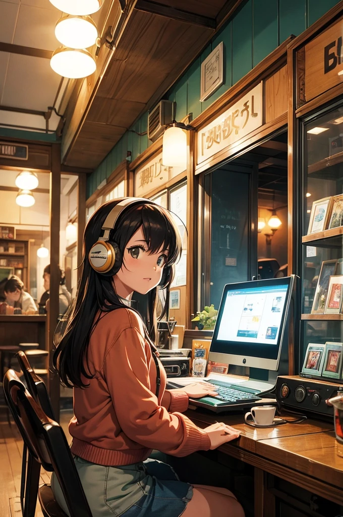 Create a nostalgic anime-style scene set in a cozy cafe. The character, wearing retro headphones, is immersed in their laptop, surrounded by vintage decor. Capture the warm, lo-fi music vibe.