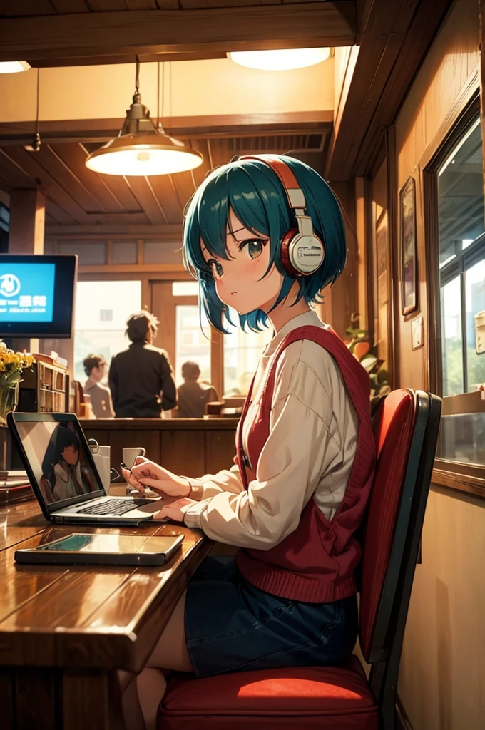 Create a nostalgic anime-style scene set in a cozy cafe. The character, wearing retro headphones, is immersed in their laptop, surrounded by vintage decor. Capture the warm, lo-fi music vibe.